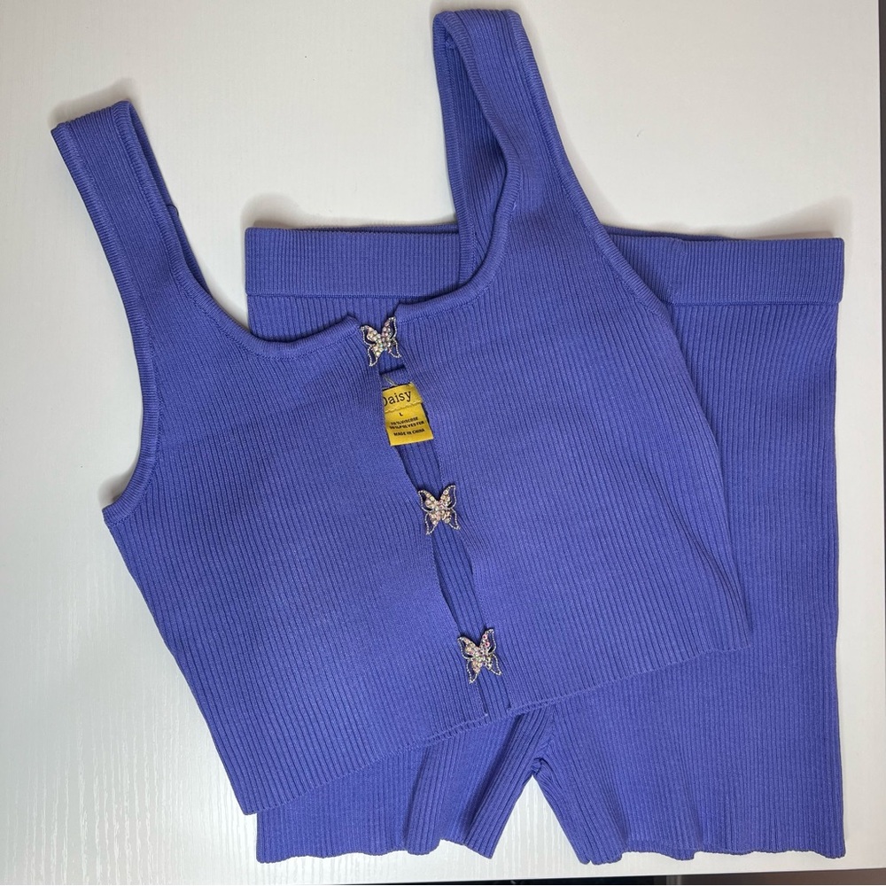 Daisy L Purple Two Piece Ribbed Knit Tank & Shorts Set w/Rhinestone Butterflies